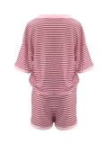 Women's Half-Sleeve V-Neck Striped Knit Top + High-Waist Shorts Casual Set