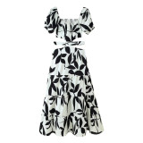 Summer Women's Fashion Color-Blocked Cut-Out Waist Patchwork Maxi Dress