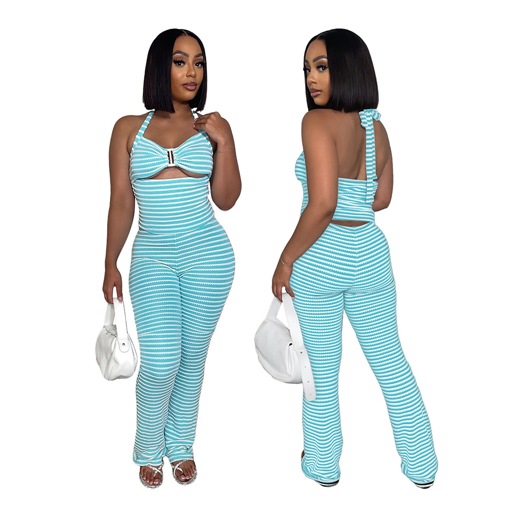 Women jacquard striped lace-up Crop Top and pencil pants two-piece set