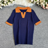 Women French Polo Neck Contrast Knittin Summer Short Sleeve Top