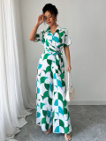 Women Elegant printed short-sleeved wide-leg jumpsuit