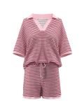 Women's Half-Sleeve V-Neck Striped Knit Top + High-Waist Shorts Casual Set