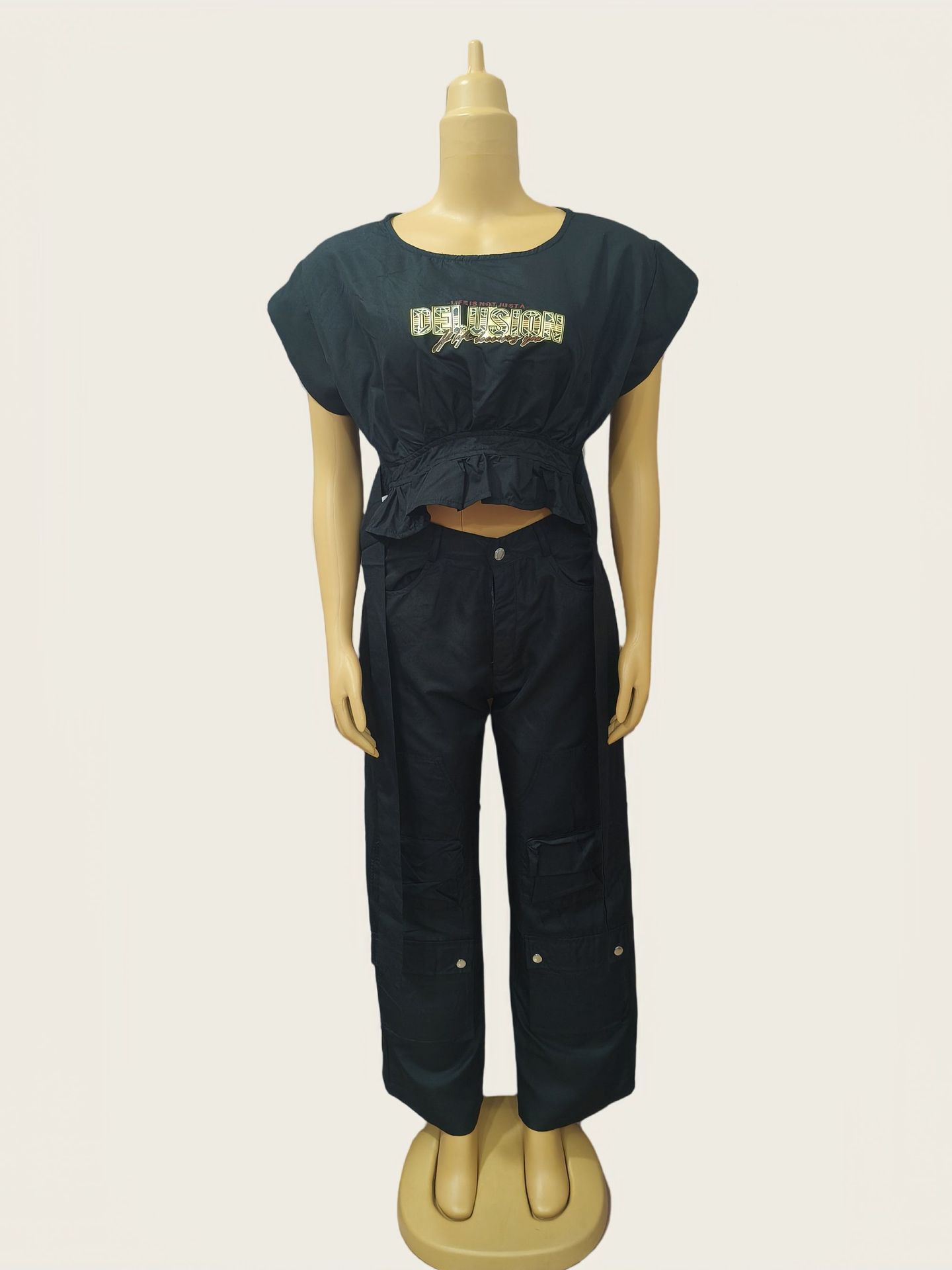 African Print Round Neck Slim Waist Short-Sleeve Top + Loose Cargo Pants Set