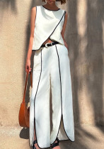 Women contrast color cross round neck sleeveless top Slit trousers two-piece set