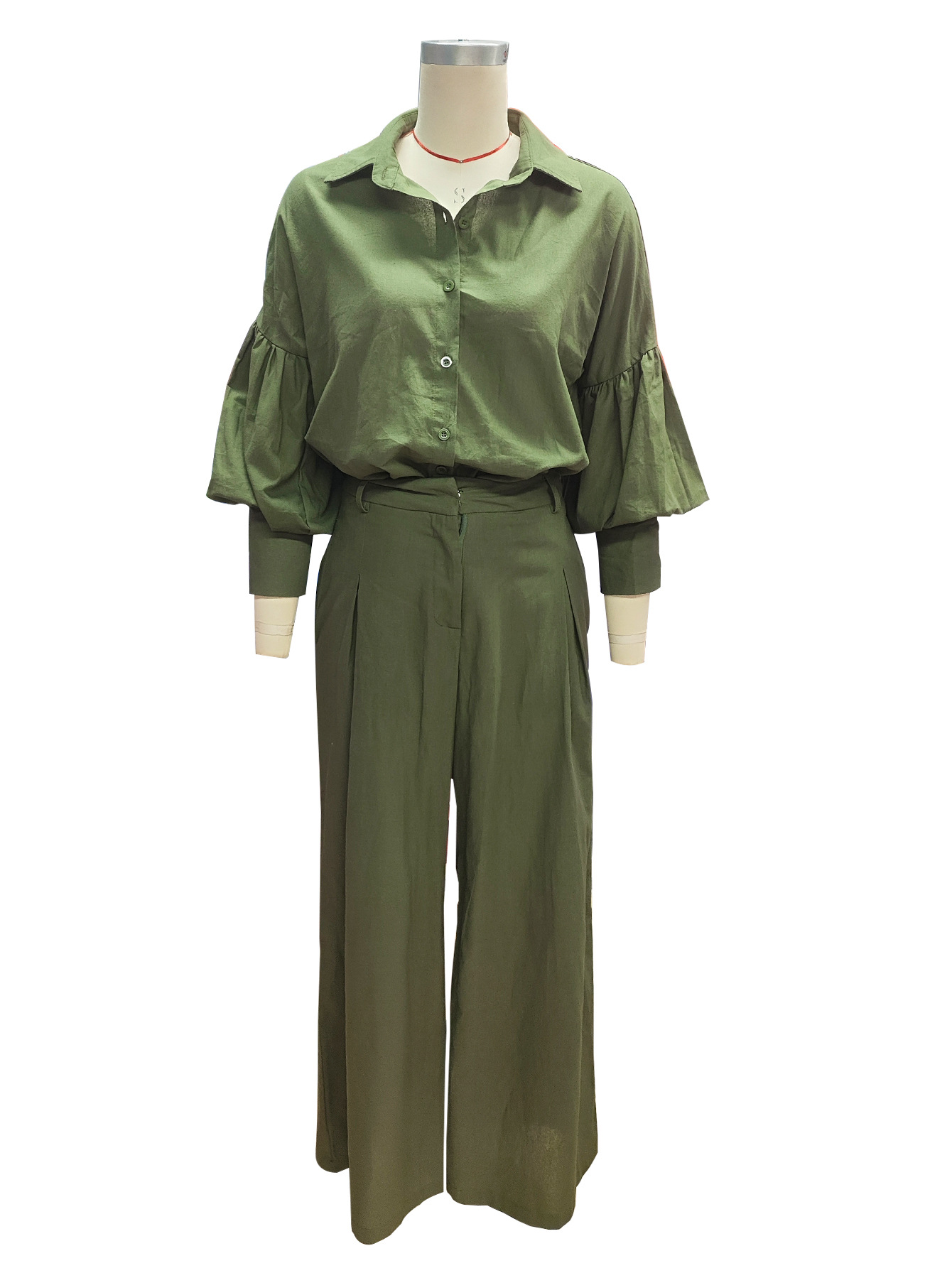Autumn Solid Long-Sleeve Shirt & Wide-Leg Pants Linen Two-Piece Set