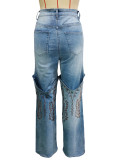 Women's Fashion Embroidered Blue High-Waisted Wide-Leg Denim Pants