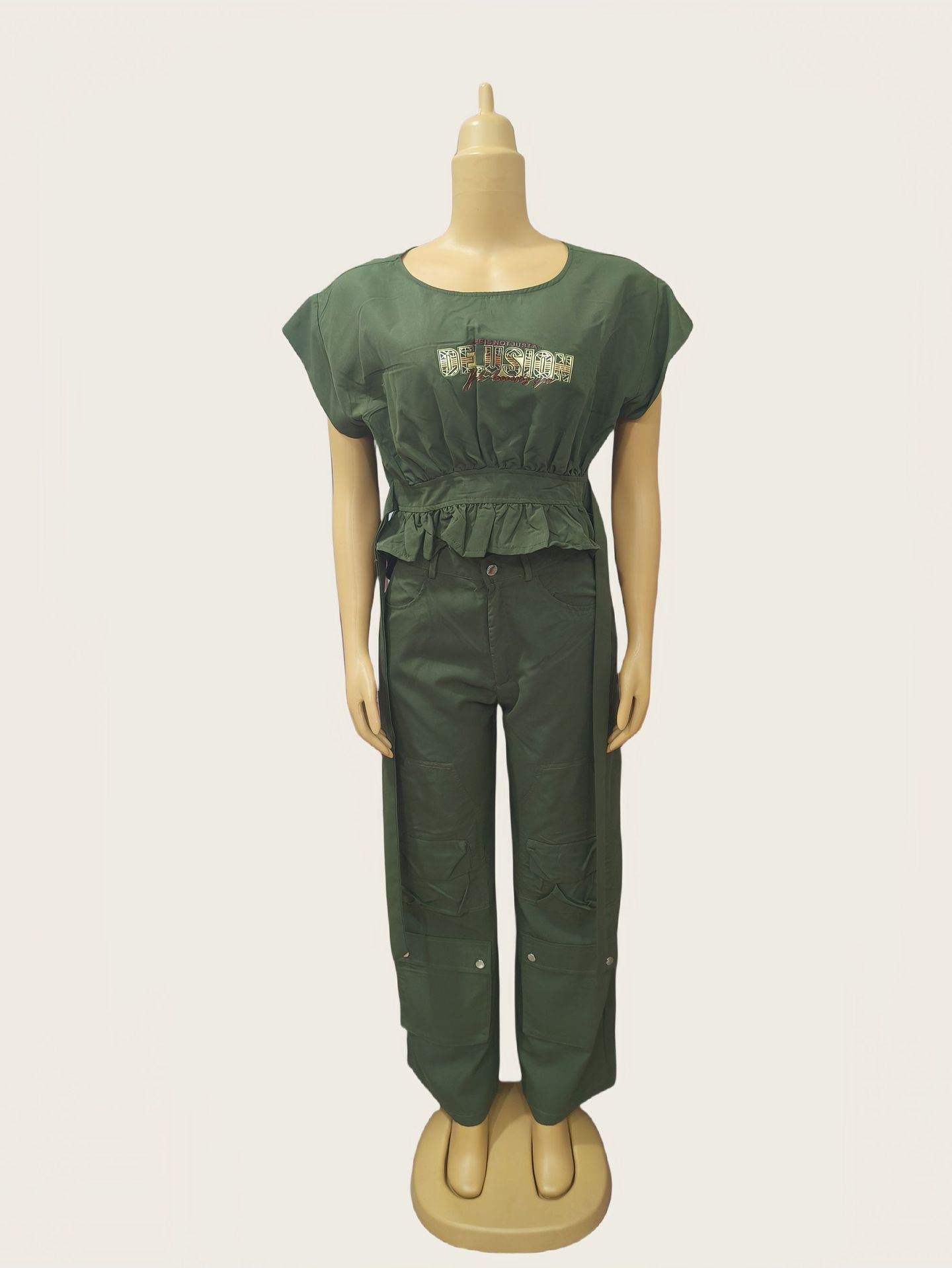 African Print Round Neck Slim Waist Short-Sleeve Top + Loose Cargo Pants Set