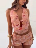 Women sequined backless Halter Neck sexy suspender top and shorts two-piece set
