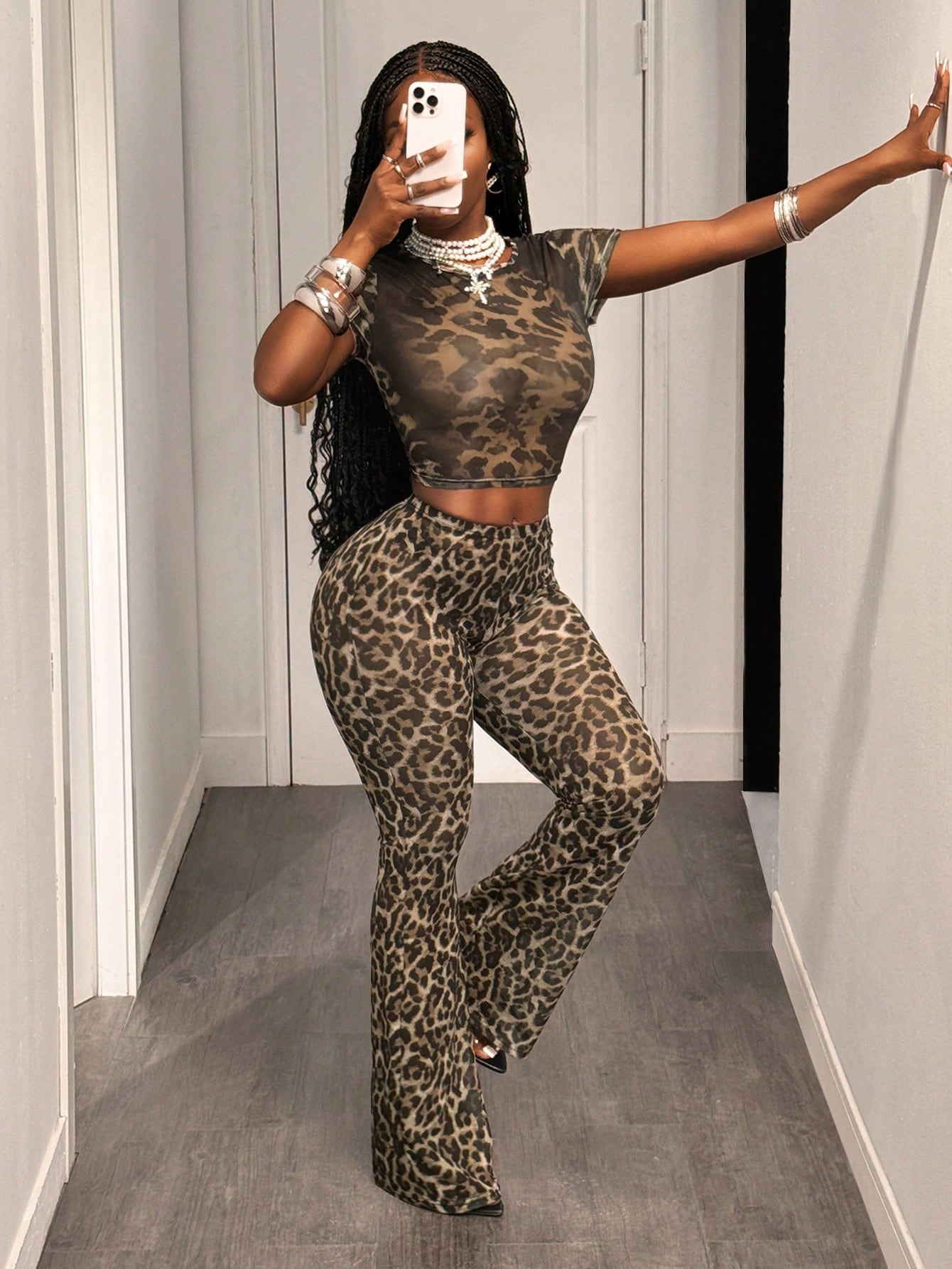 Women summer sexy semi-transparent leopard print short-sleeved top and trousers two-piece set