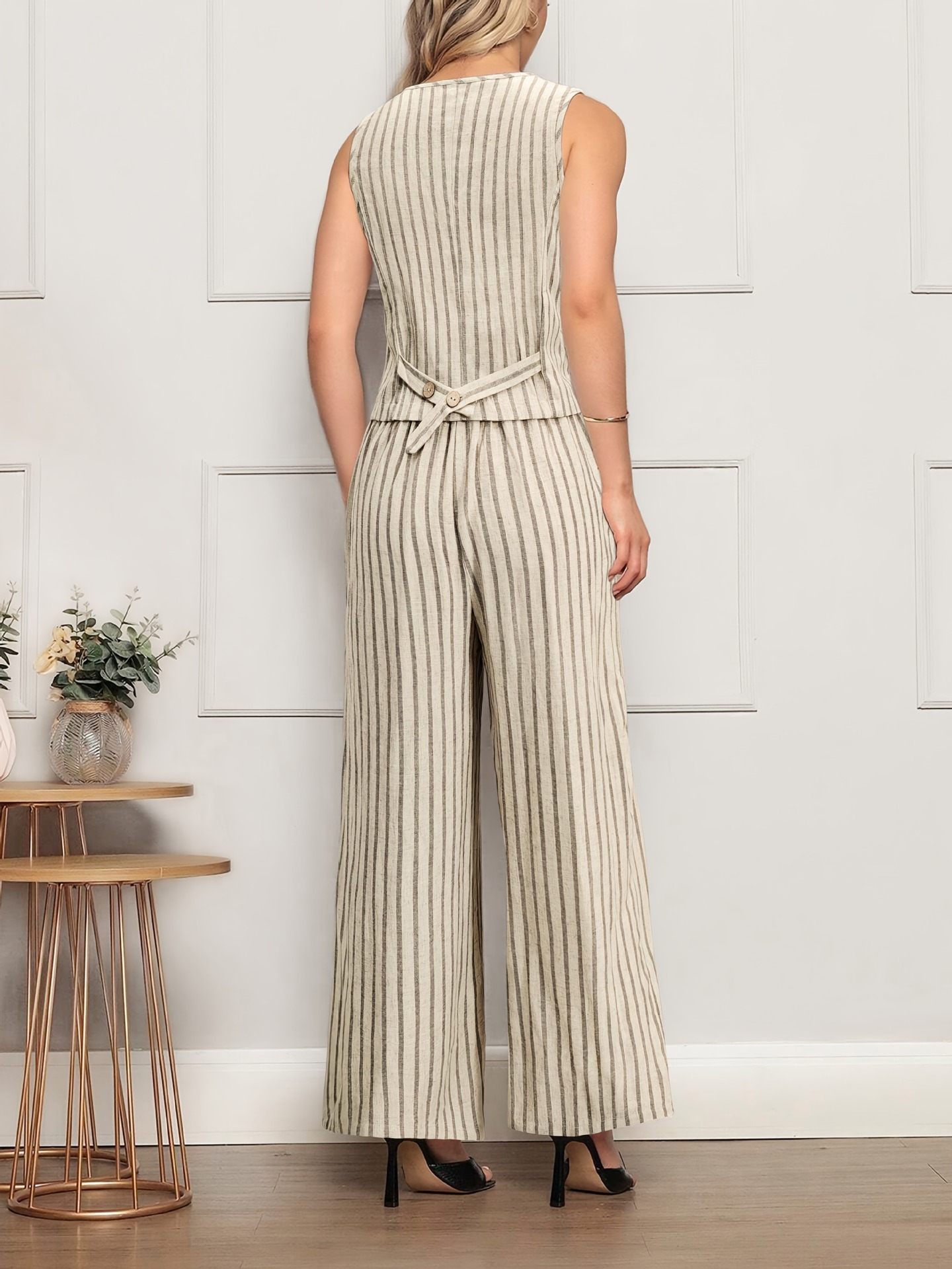 Women Sleeveless Vest Top Striped Wide Leg Pants Two-Piece Set