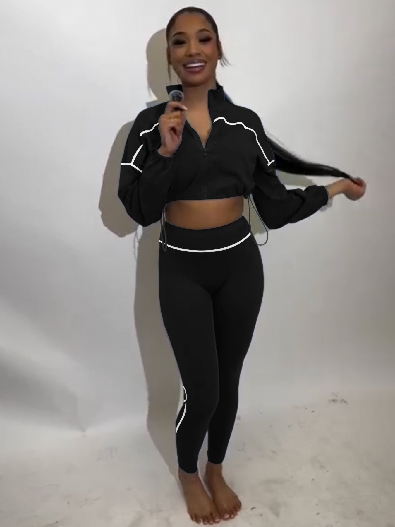 Women's Sexy Elastic Waist Long Sleeve Crop Top Slim Tight Pants Two-Piece Set