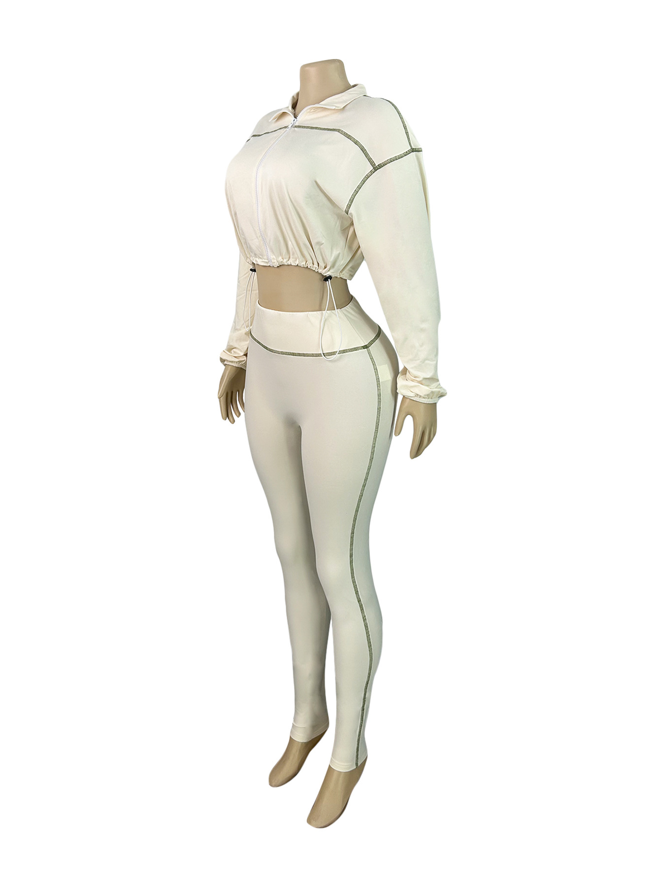 Women's Sexy Elastic Waist Long Sleeve Crop Top Slim Tight Pants Two-Piece Set