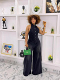Women summer turndown collar Halter Neck backless denim jumpsuit