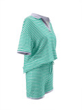 Women's Half-Sleeve V-Neck Striped Knit Top + High-Waist Shorts Casual Set