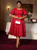 Plus Size Formal Party Dress High Waist Slim Fit Square Neck Puff Sleeve A-Line Gown