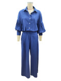 Autumn Solid Long-Sleeve Shirt & Wide-Leg Pants Linen Two-Piece Set