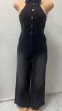 Women summer turndown collar Halter Neck backless denim jumpsuit
