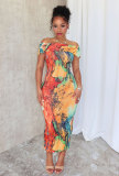 Women Sleeve Casual Sexy Off Shoulder Print Sleeveless Stretchy Bodycon Dress