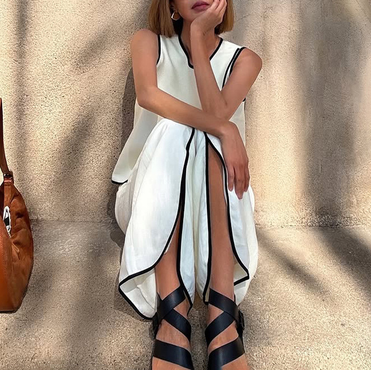 Women contrast color cross round neck sleeveless top Slit trousers two-piece set