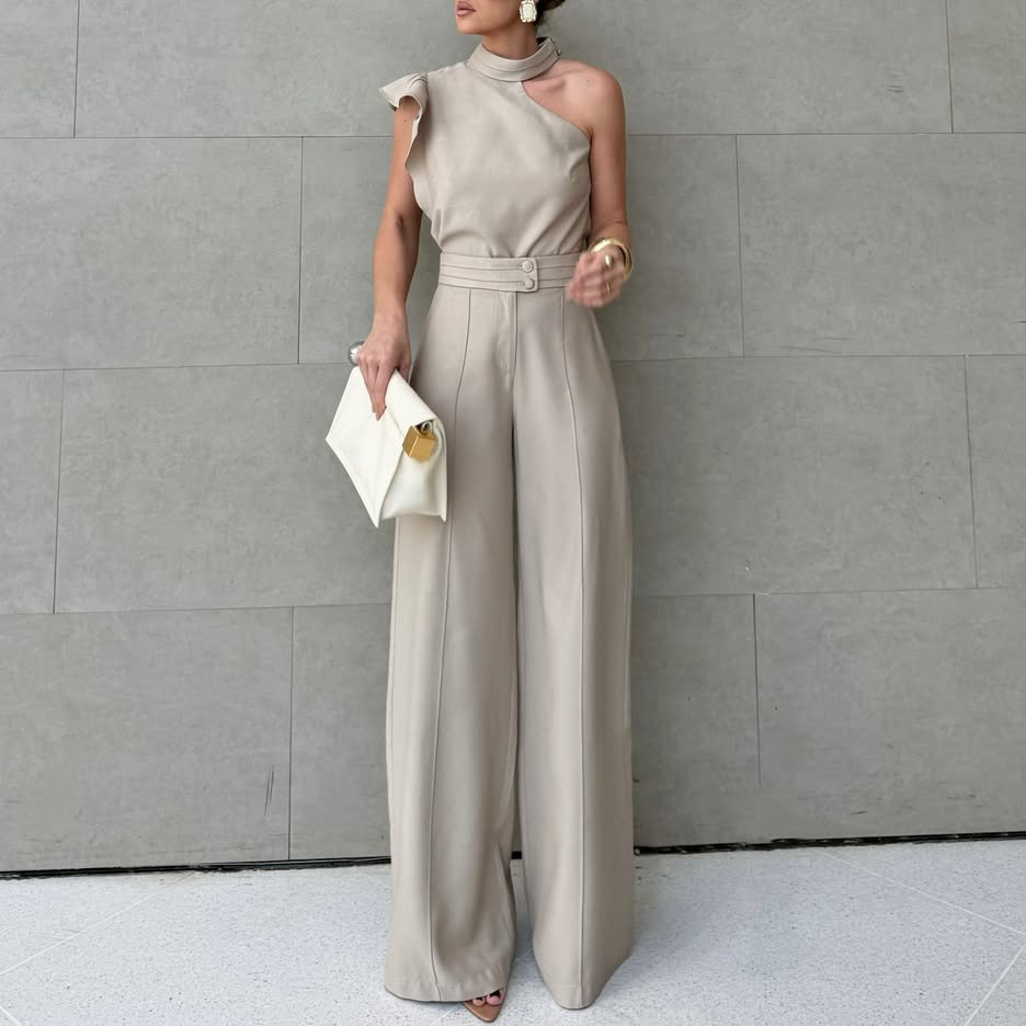 Halter Neck Top + Solid Straight-Leg Pants Two-Piece Set