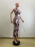 Summer Floral Print Halter Neck Low Back Slim Waist Sleeveless Trendy Jumpsuit