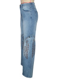 Women's Fashion Embroidered Blue High-Waisted Wide-Leg Denim Pants