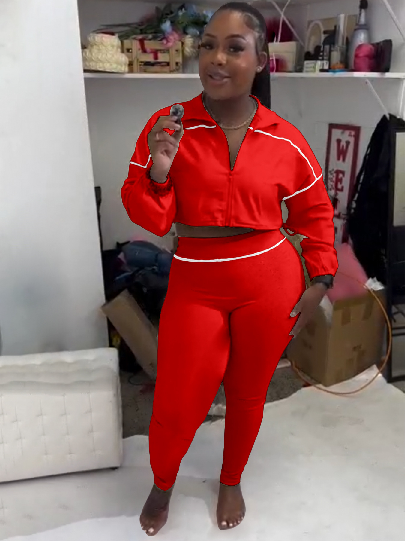 Women's Sexy Elastic Waist Long Sleeve Crop Top Slim Tight Pants Two-Piece Set