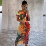 Women Sleeve Casual Sexy Off Shoulder Print Sleeveless Stretchy Bodycon Dress