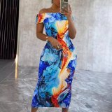 Women Sleeve Casual Sexy Off Shoulder Print Sleeveless Stretchy Bodycon Dress