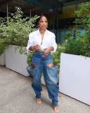 Women Symmetrical Ripped Washed Denim Pants