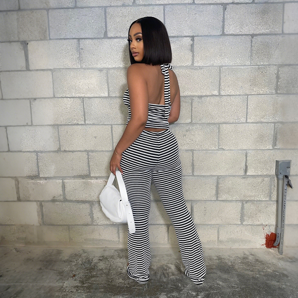 Women jacquard striped lace-up Crop Top and pencil pants two-piece set