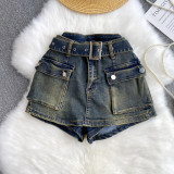 Women American Retro Cargo Denim Shorts