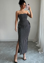 Women elegant stripes Lace-Up Strapless Top and Bodycon Skirt two-piece set