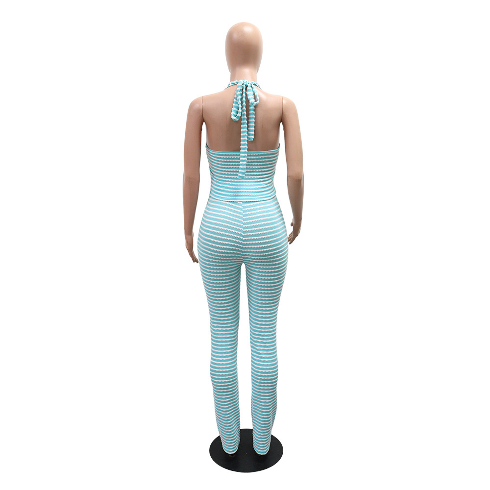 Women jacquard striped lace-up Crop Top and pencil pants two-piece set