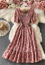 Women Floral Square Neck Pleated Maxi Dress