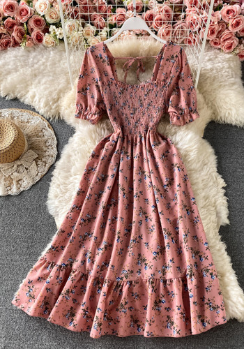 Women Floral Square Neck Pleated Maxi Dress