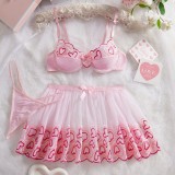 Women Heart Print Embroidered Sexy Lingerie Set