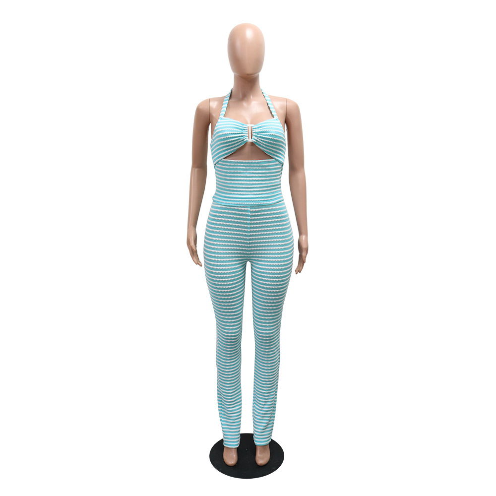 Women jacquard striped lace-up Crop Top and pencil pants two-piece set