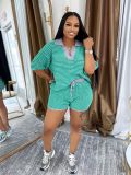 Women's Half-Sleeve V-Neck Striped Knit Top + High-Waist Shorts Casual Set