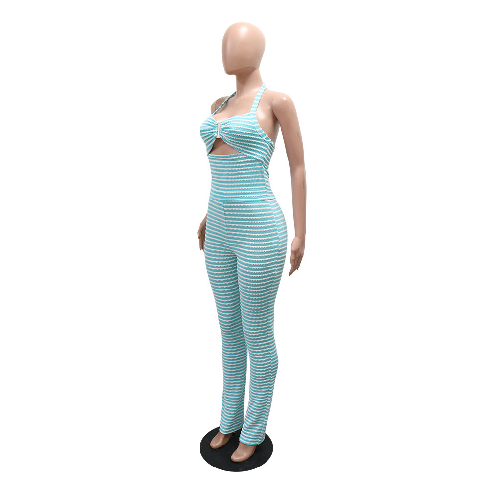 Women jacquard striped lace-up Crop Top and pencil pants two-piece set