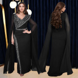 Fashion Women's Chic V-Neck Beaded Long-Sleeve Dress