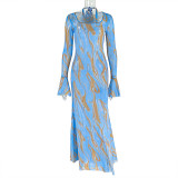 Round Neck Long-Sleeve Tie-Dye Print Dress