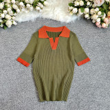 Women French Polo Neck Contrast Knittin Summer Short Sleeve Top