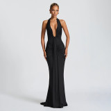 Women Elegant Halter Neck V-neck Bcakless Lace-up Gathered Maxi Dress