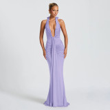 Women Elegant Halter Neck V-neck Bcakless Lace-up Gathered Maxi Dress