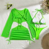 Women mesh hollow drawstring Lace-Up Swimwear Three-Piece