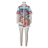 Women’s Print Short Sleeve T-shirt & Shorts Color-Block Holiday Casual Set