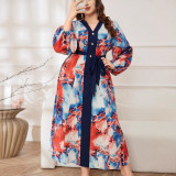Plus Size Trendy Crisscross V-Neck Lantern Sleeve Slim Waist Print Chic Dress