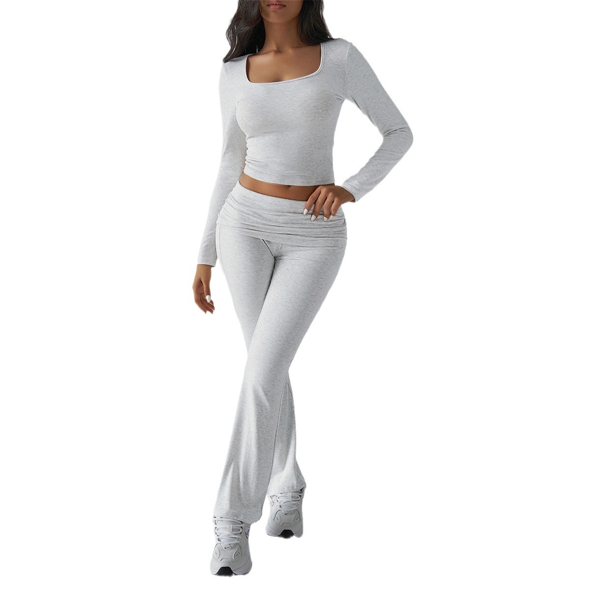 Autumn/Winter Y2K Casual Fitted U-Neck Long Sleeve Top & Flared Pants Set