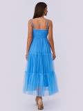 Women’s Strappy Pleated Mesh Patchwork Puffy Short Sleeve Dress